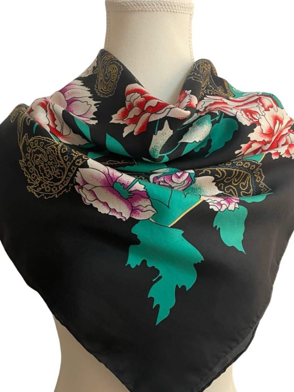 Floral Paisley Square Scarf Black Teal Purple Red Silky Feel